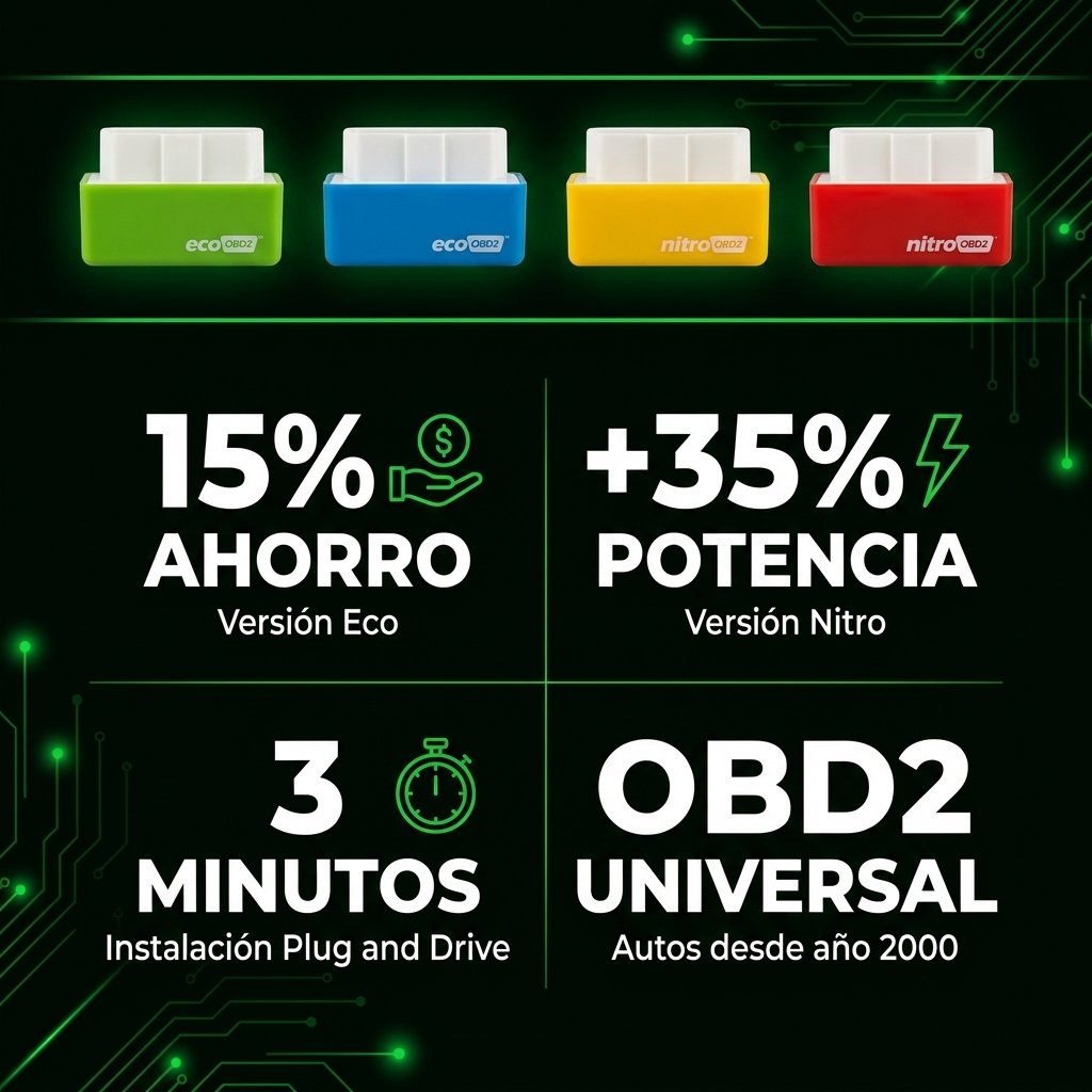 OBD2 especificaciones 15% ahorro combustible 35% más potencia 25% más torque instalación 3 minutos