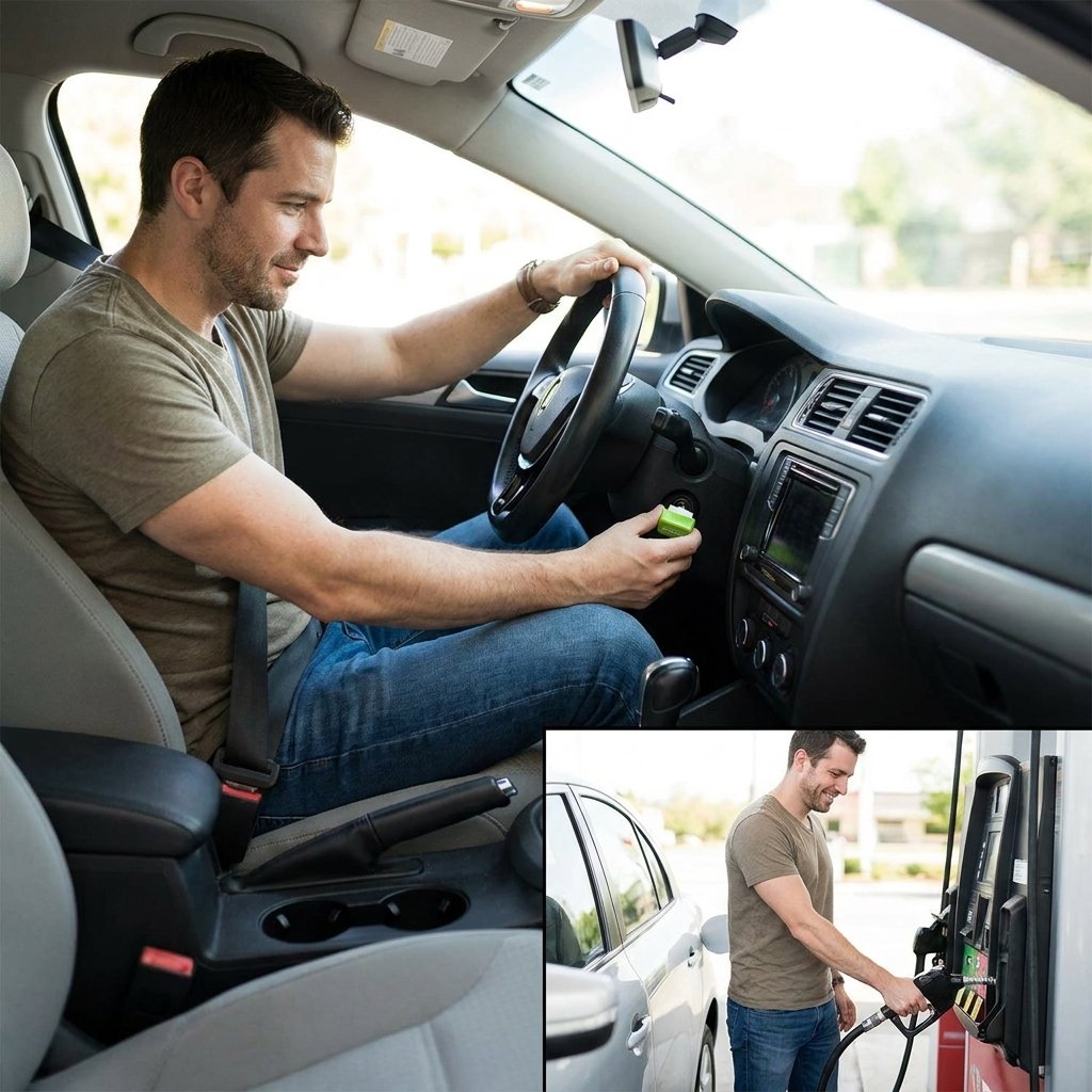 Persona instalando chip OBD2 bajo el volante del auto ahorro combustible cada carga