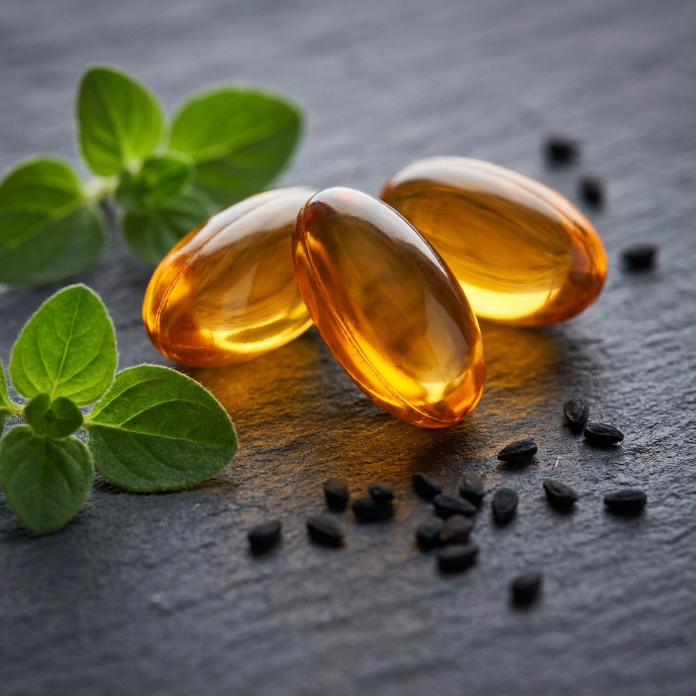 Softgels de aceite de oregano junto a hojas de oregano y semillas negras