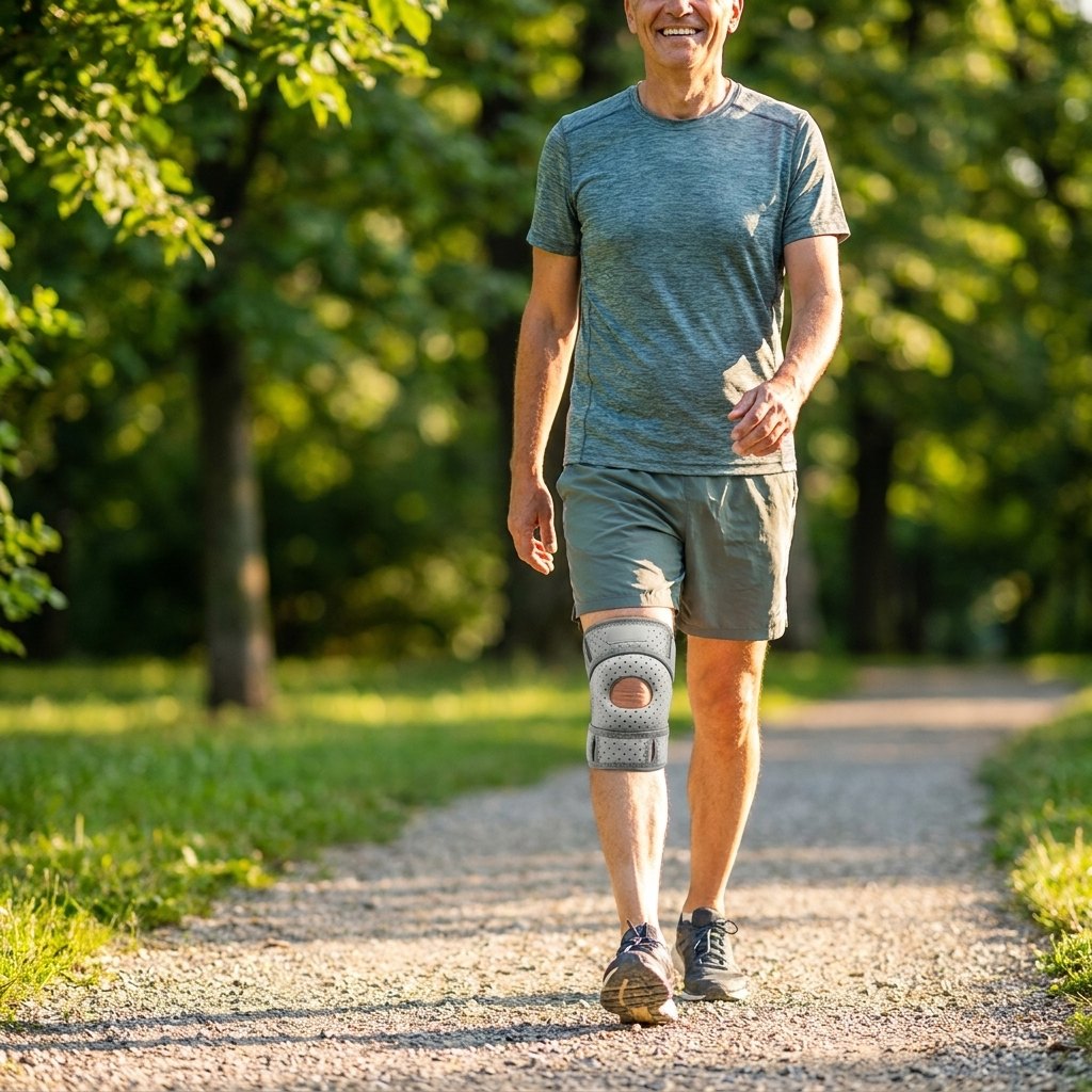 Persona activa usando OrthoFlex rodillera ortopedica caminar ejercicio estabilidad rodilla