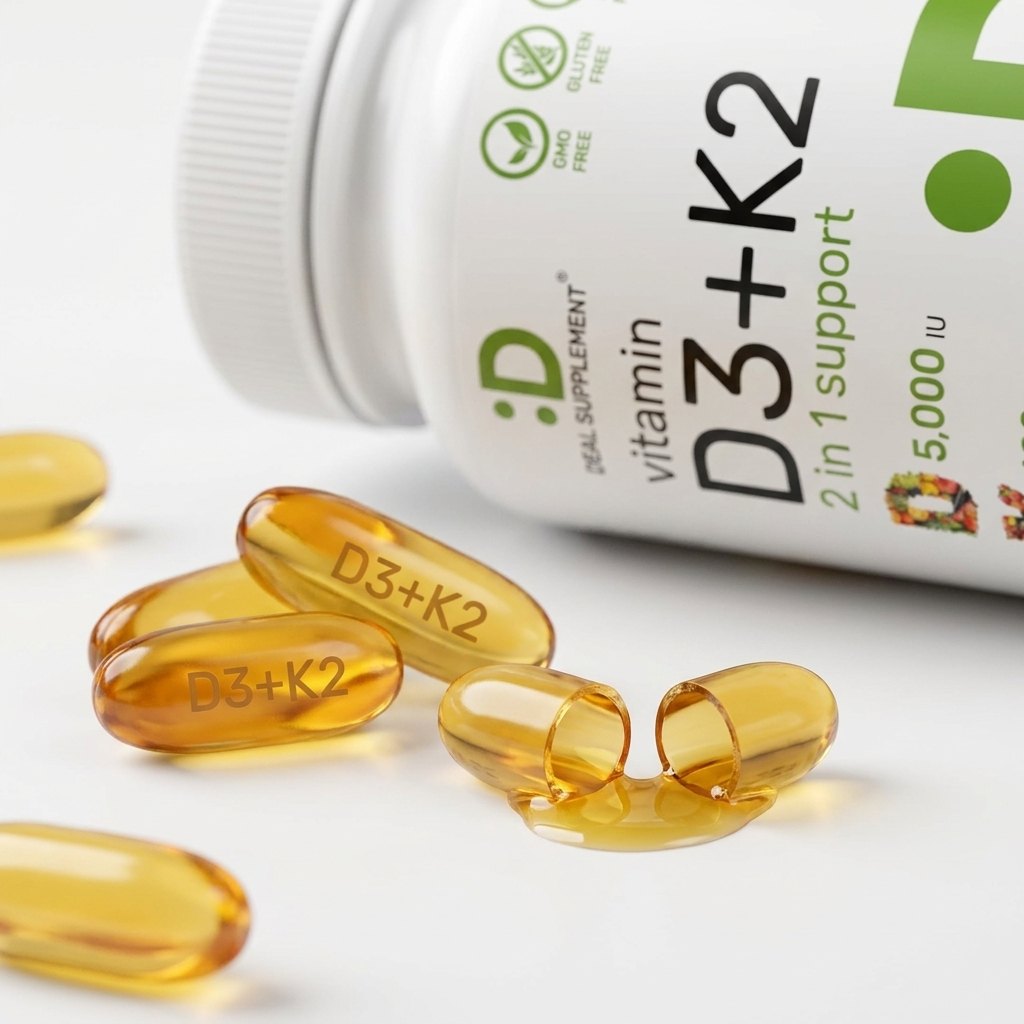 Softgels OsseaVit D3+K2 cápsulas doradas vitamina D3 K2 suplemento premium