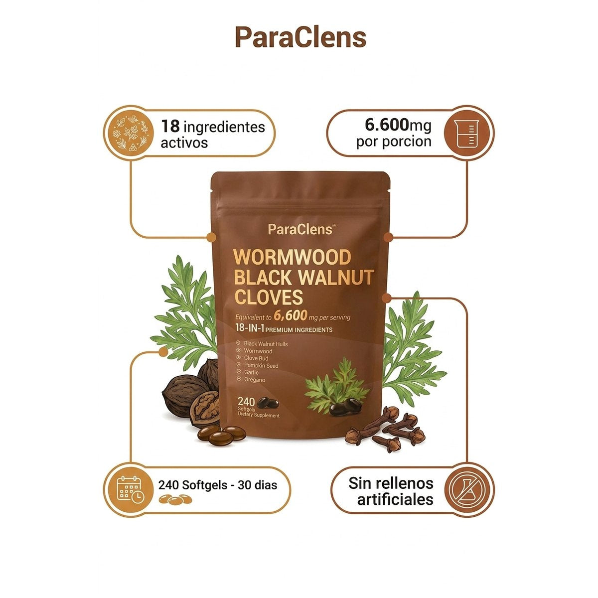 Especificaciones ParaClens 18 ingredientes 6600mg por porcion 240 softgels sin rellenos premium