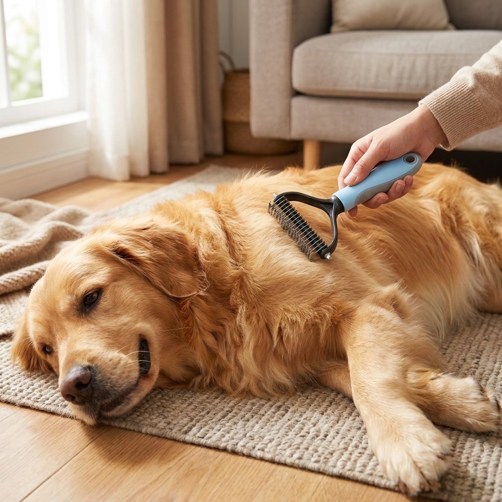 Persona cepillando perro con PawLine rastrillo dematizador pelo largo golden retriever casa