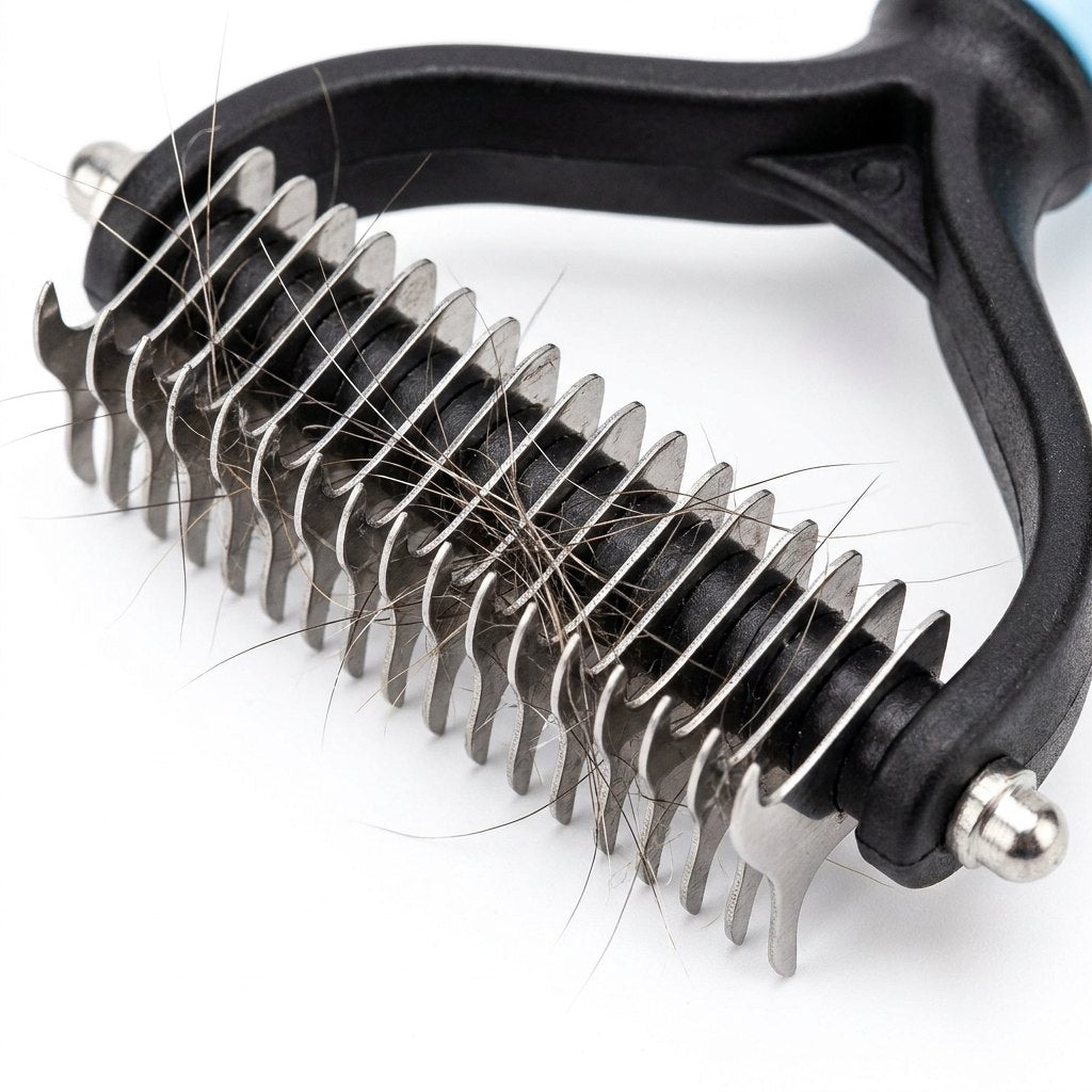 Detalle dientes acero inoxidable rastrillo PawLine cepillo dematizador pelo muerto nudos mascota