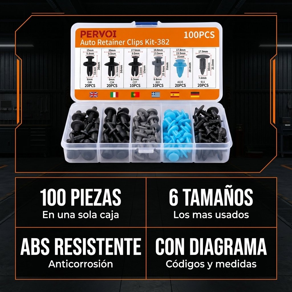 PERVOI especificaciones 100 piezas 6 tamaños ABS caja compartimentos diagrama identificación