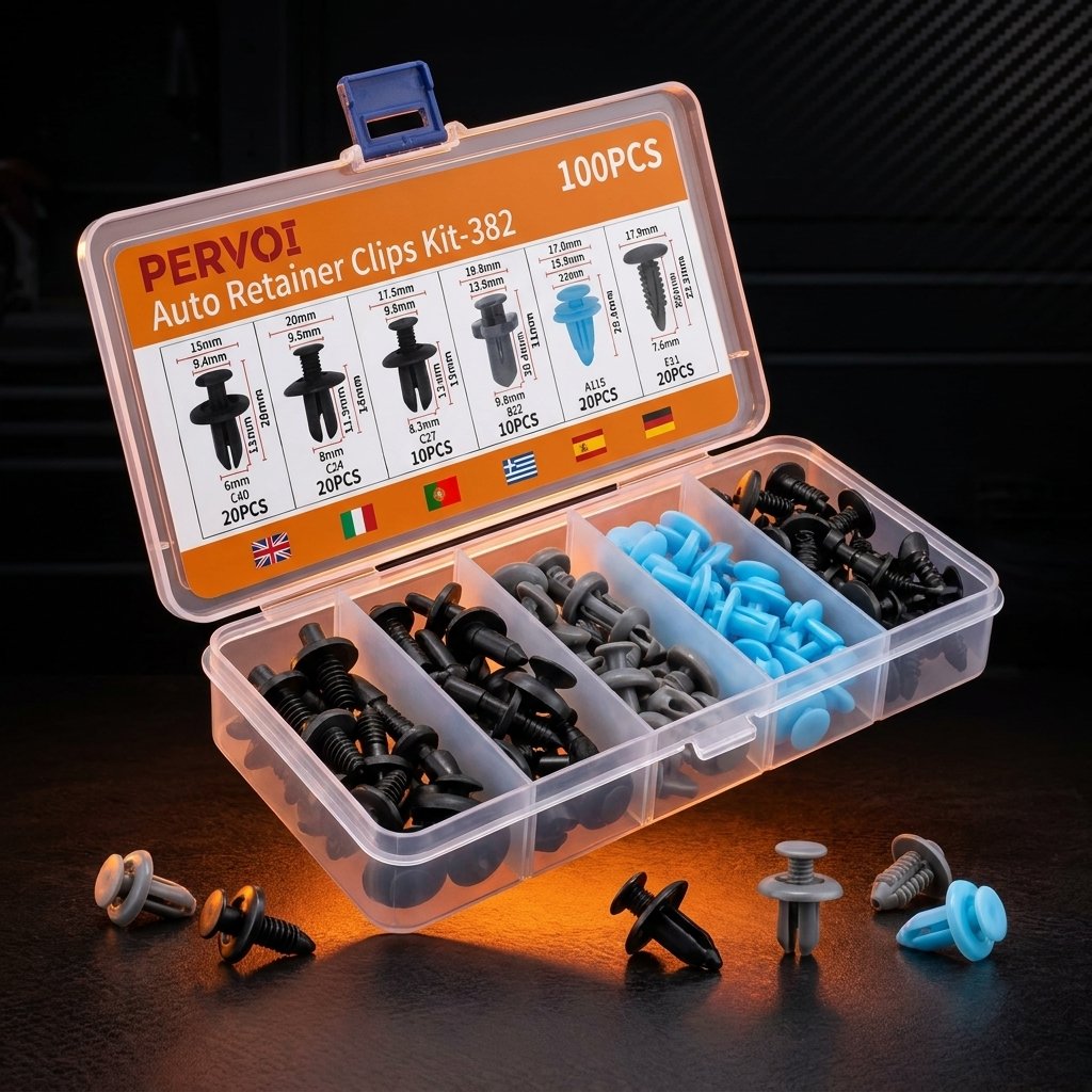 PERVOI kit 100 grapas plásticas automotrices 6 tamaños caja organizadora ABS clips retención