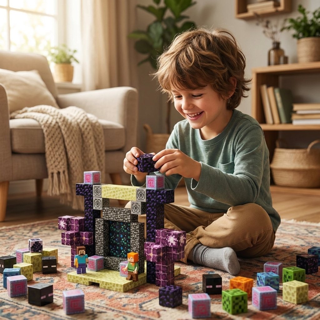 Niño feliz construyendo portal Minecraft cubos magnéticos PIXELCRAFT juego creativo offline