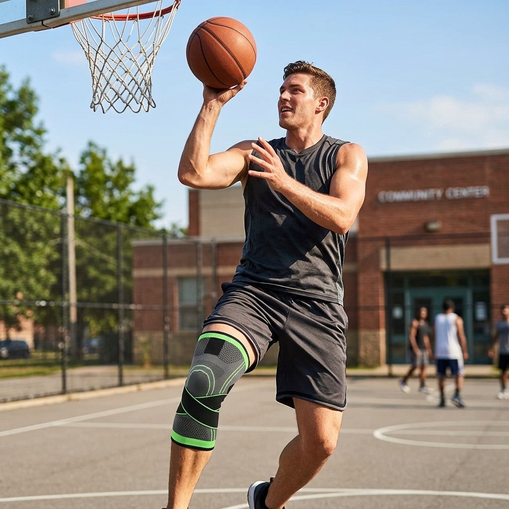 Deportista jugando básquetbol con rodillera de compresión PROFLEX