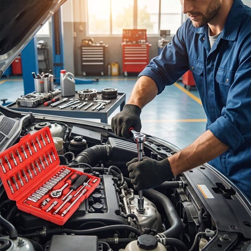 Mecánico usando trinquete PROKIT reparación auto taller profesional