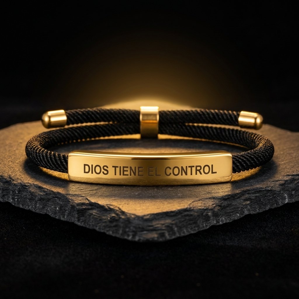 Pulsera Dios Tiene el Control placa dorada grabada cordón negro trenzado fondo oscuro