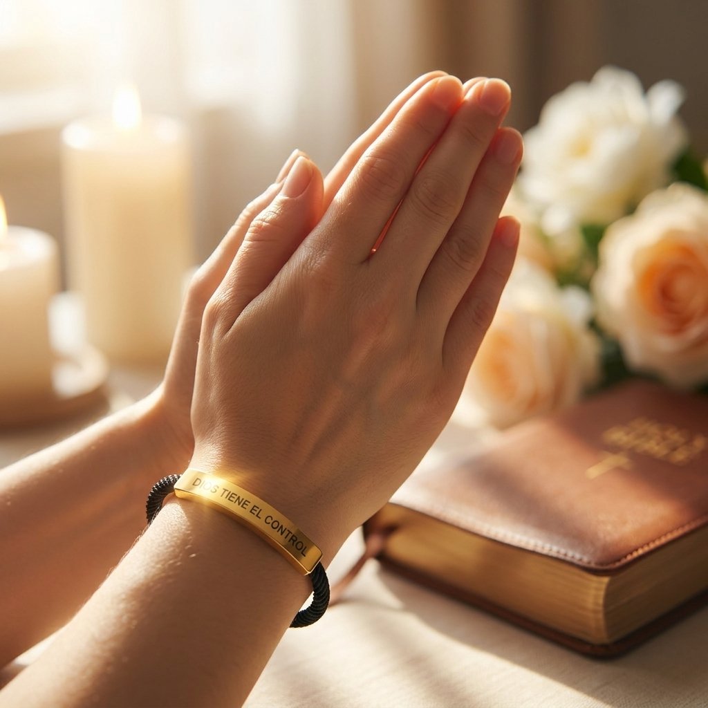 Manos en oración con pulsera Dios Tiene el Control dorada momento de fe y calma