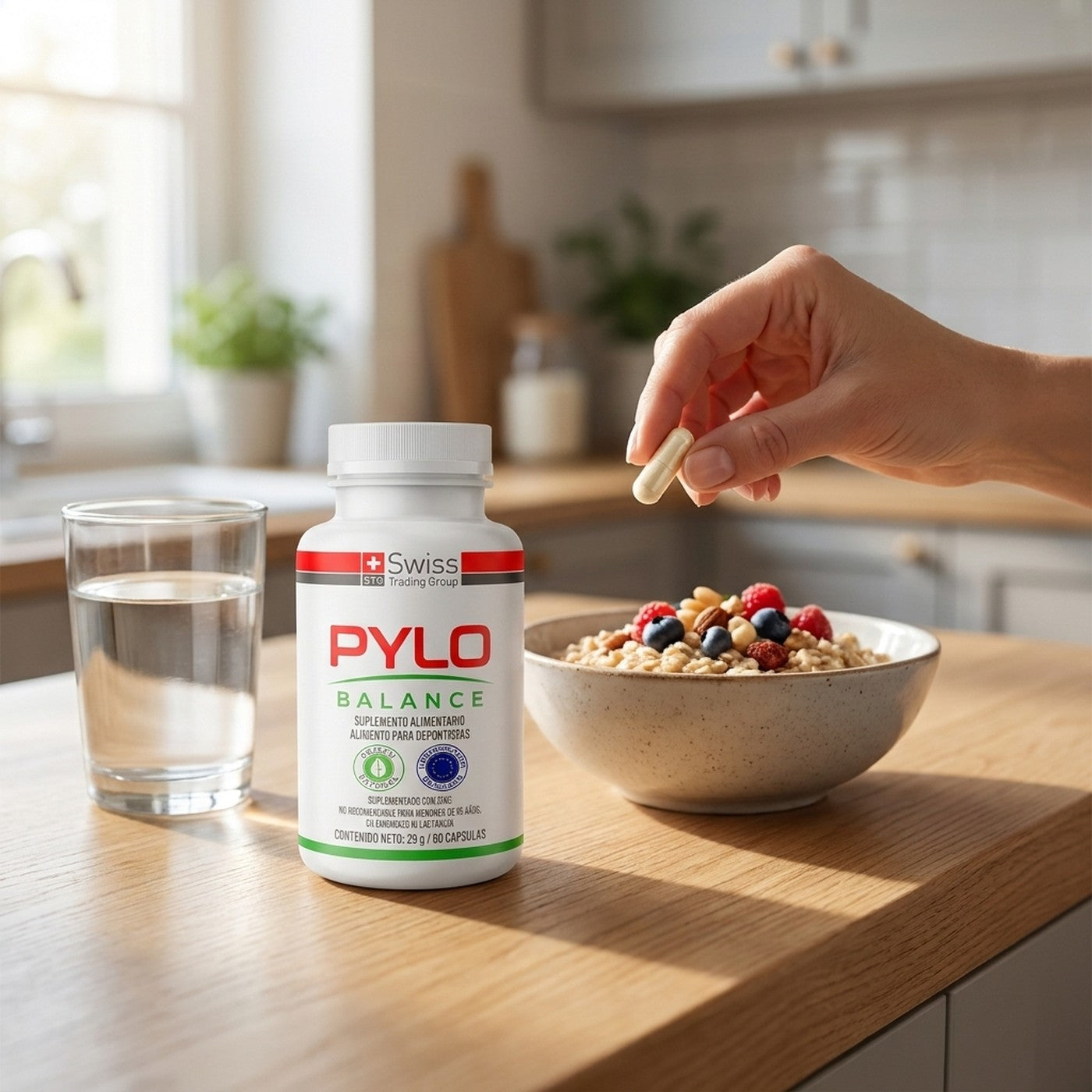 Una capsula de Pylo Balance con un vaso de agua