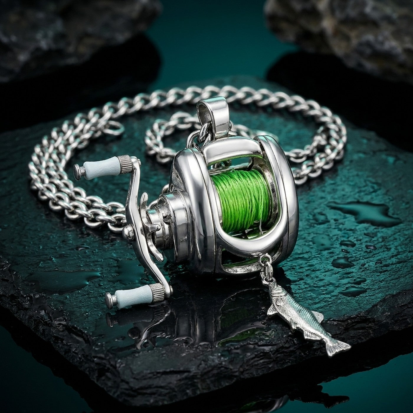 Collar con dije de carrete de pesca en acero inoxidable 316L