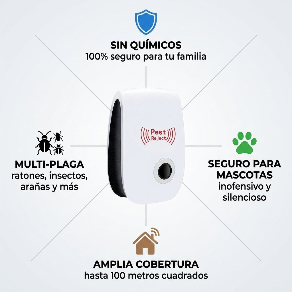 Beneficios: sin químicos, seguro para mascotas, amplia cobertura, multi-plaga