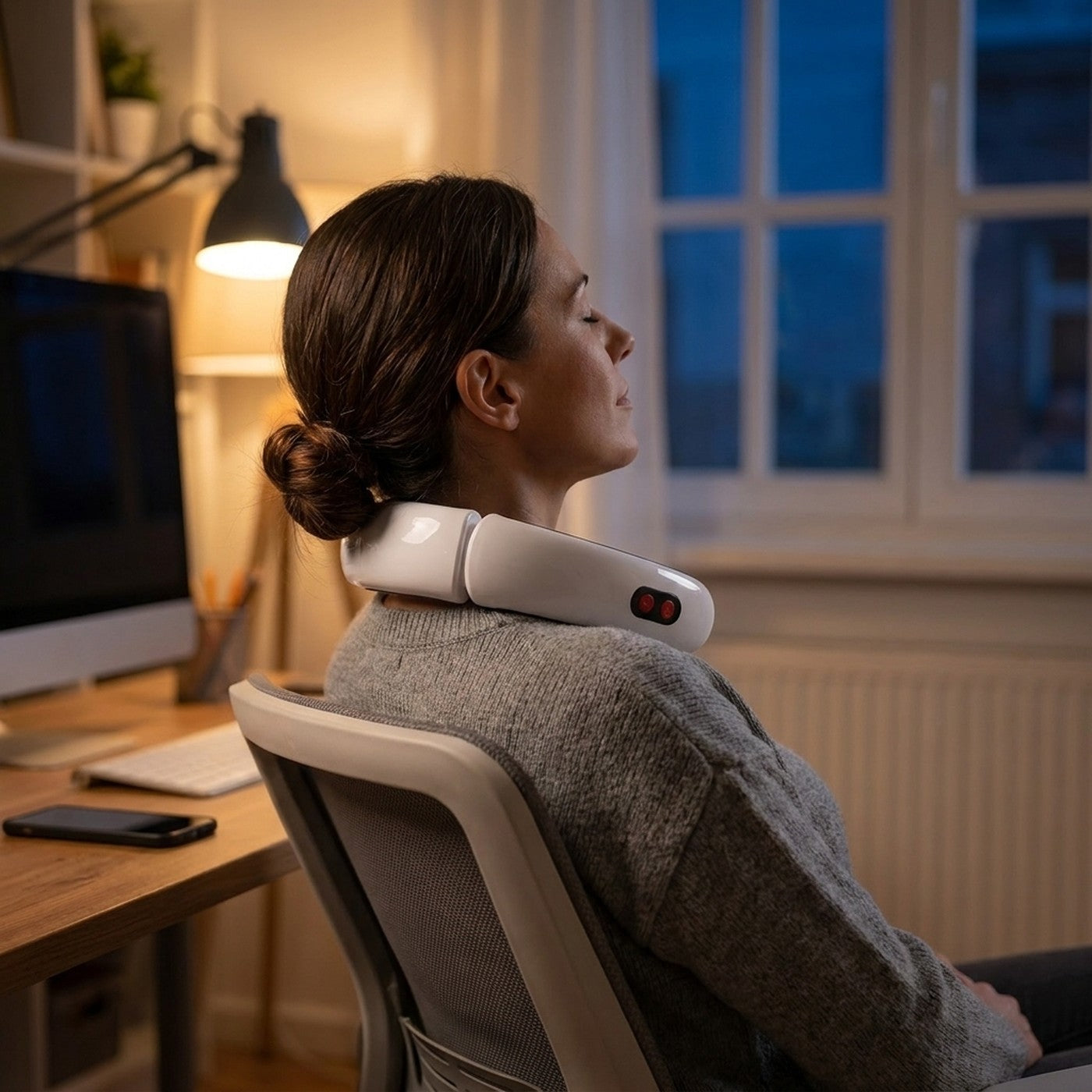 Mujer en su escritorio al anochecer con la pantalla apagada, usando el collar