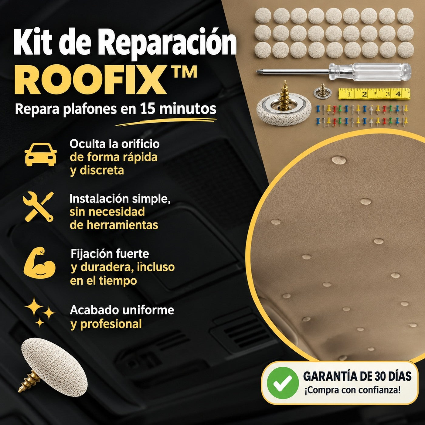 Kit de reparacion ROOFIX para plafones y cielo del auto: 30 botones, tornillos, alfileres, huincha y destornillador