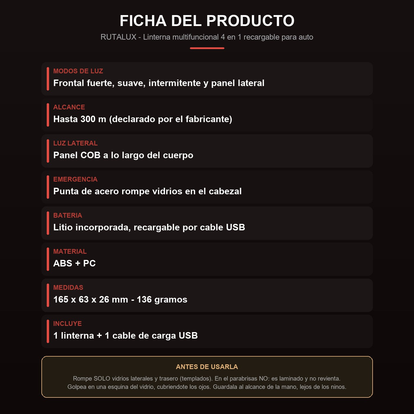 Ficha: medidas, modos de luz, bateria y advertencias