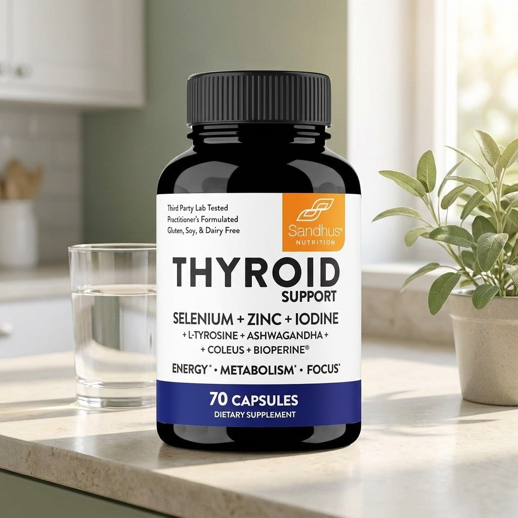 Frasco de Thyroid Support sobre la mesada de la cocina junto a un vaso de agua
