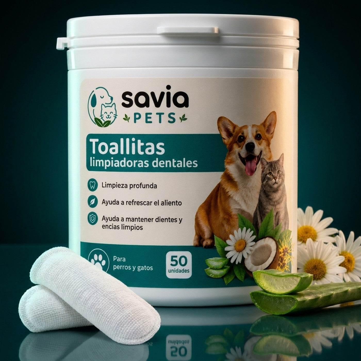 Toallitas dentales Savia Pets para perros y gatos, envase de 50 unidades