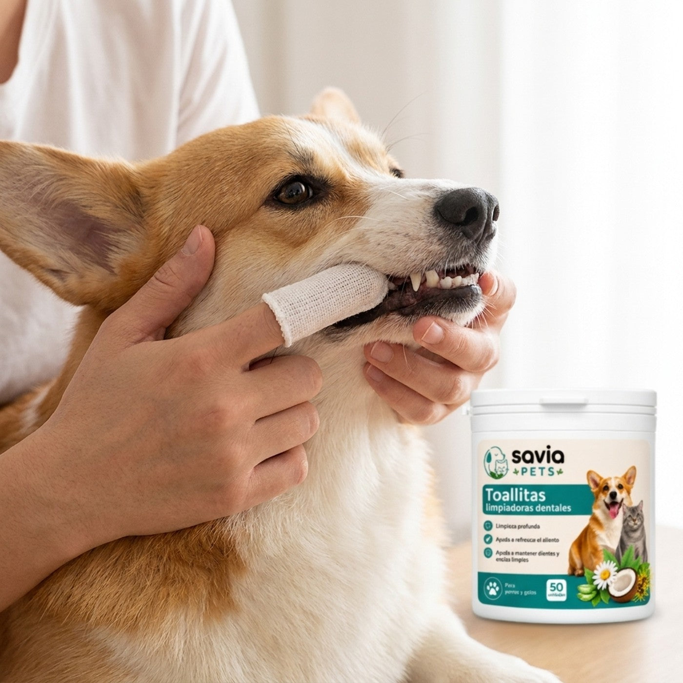 Limpiando los dientes de un perro con una toallita dental tipo dedal