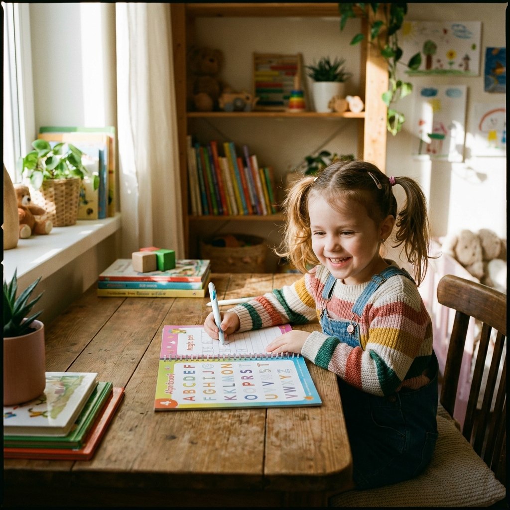 Niña feliz practicando caligrafía con cuaderno mágico SCRIBBLY en mesa de estudio