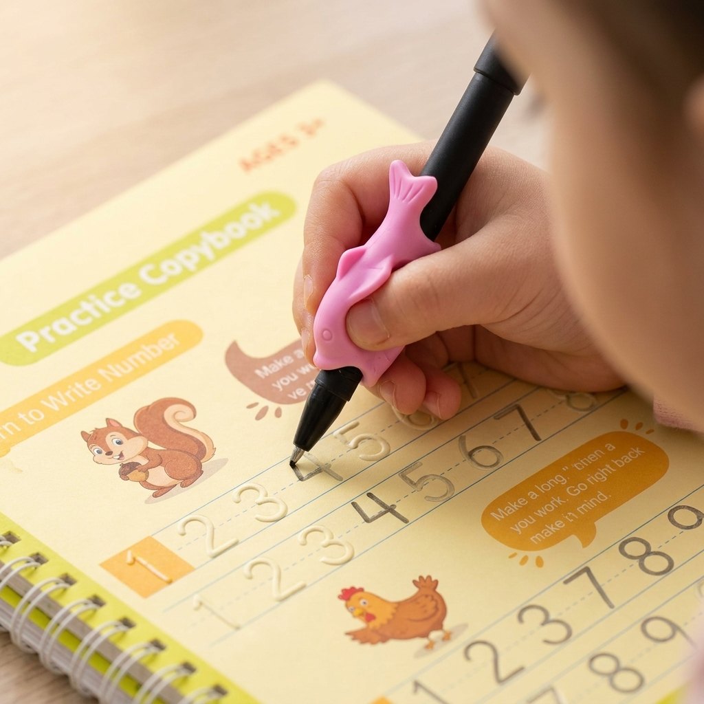 Niño practicando escritura en cuaderno mágico SCRIBBLY con pluma especial tinta desaparece