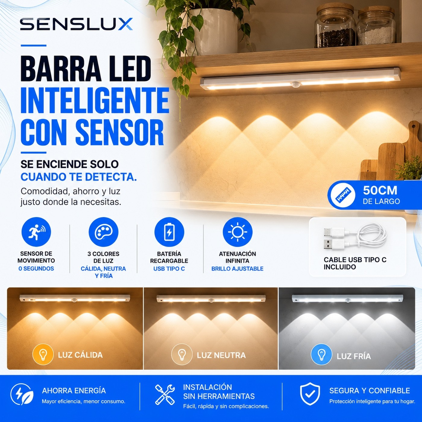 Barra LED SENSLUX de 50 cm con sensor de movimiento, 3 colores de luz y carga USB-C