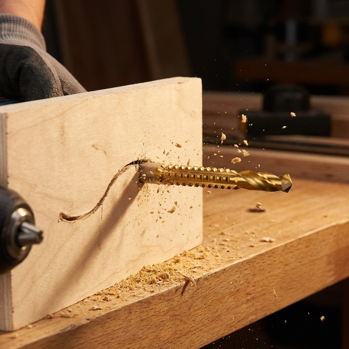 Broca sierra TITANCUT cortando una ranura curva en madera con taladro