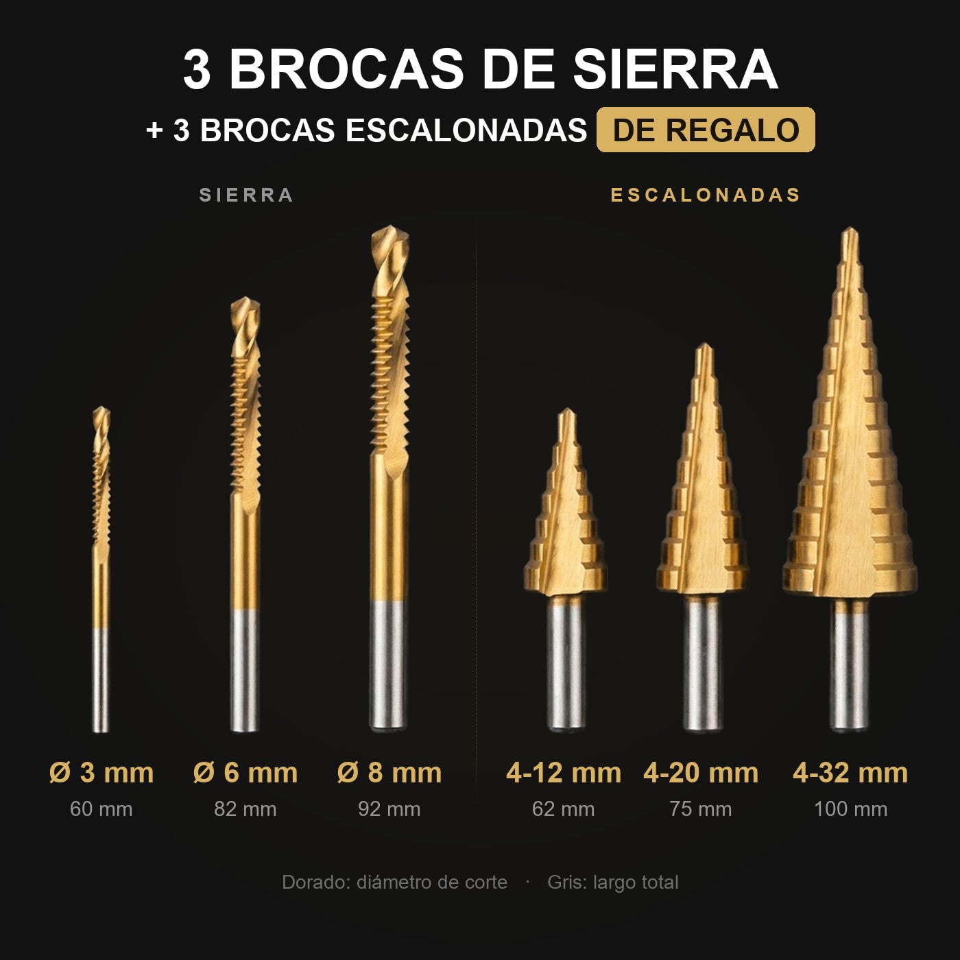 Set TITANCUT: 3 brocas sierra de 3, 6 y 8 mm y 3 brocas escalonadas 4-12, 4-20 y 4-32 mm