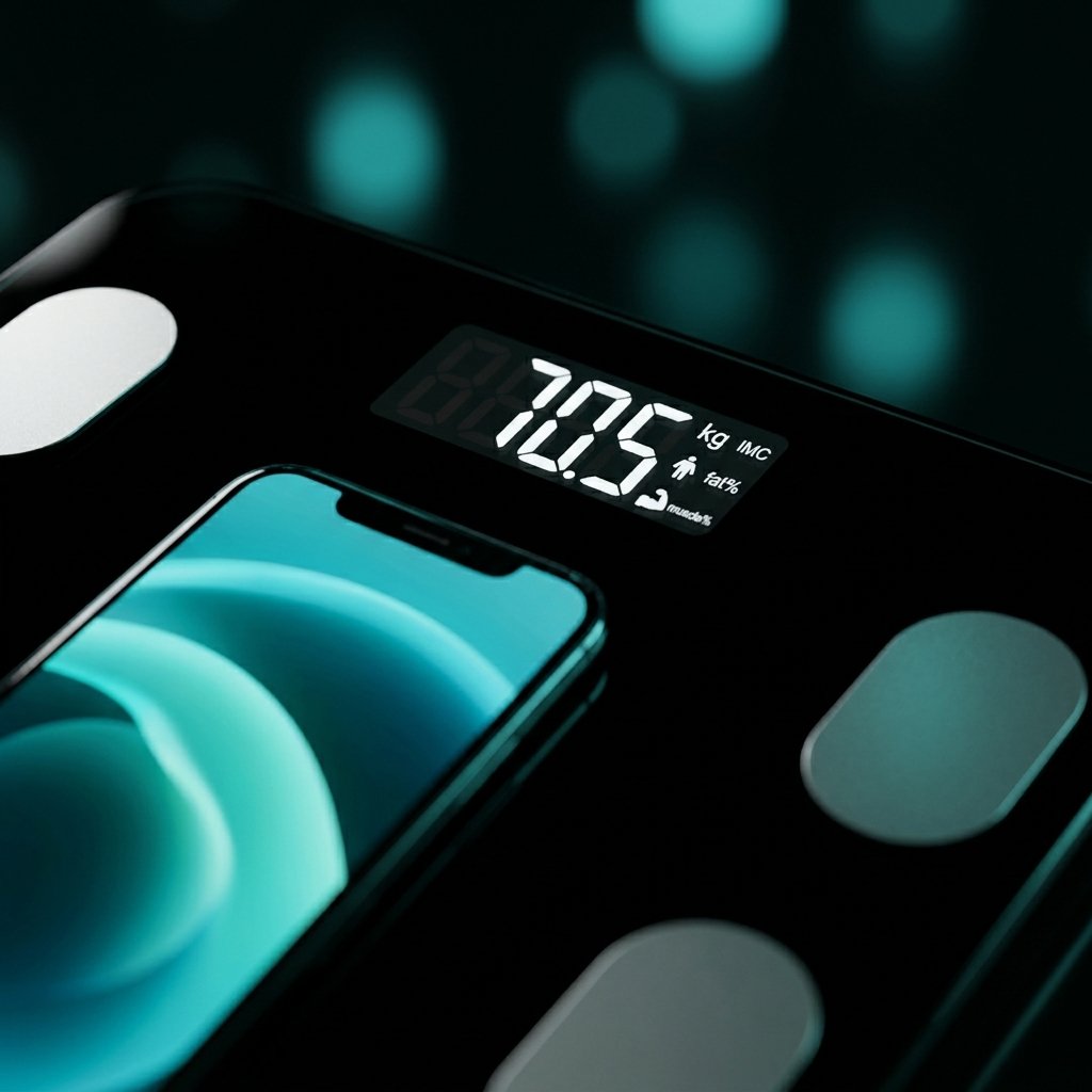 Pantalla Smart Fit Pro mostrando peso IMC grasa masa muscular porcentaje agua datos