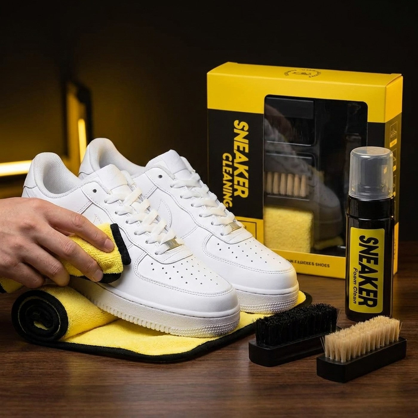 Zapatillas blancas limpias secandose con la toalla de microfibra