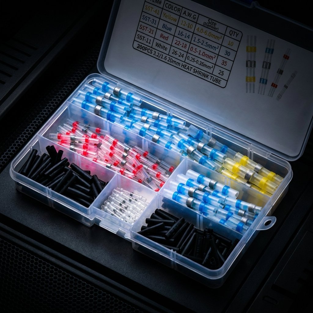 Kit 300 conectores termorretráctiles soldadura integrada caja organizada azul rojo amarillo