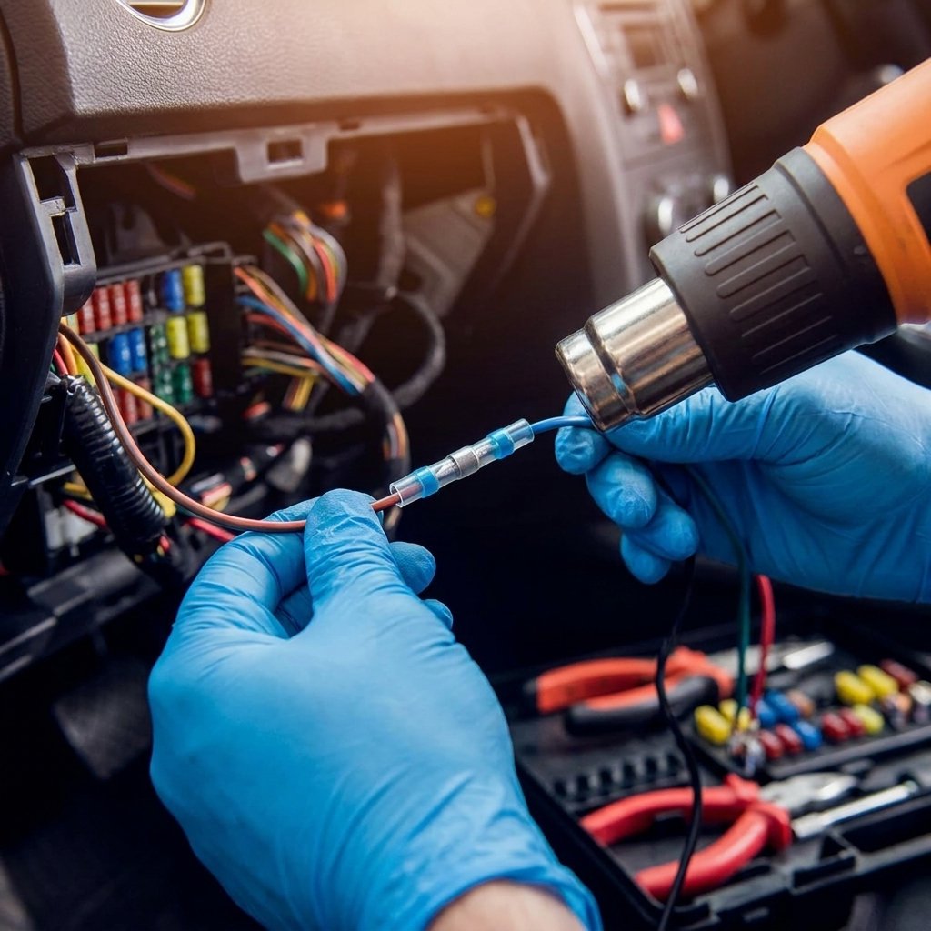Técnico eléctrico conectando cables en instalación automotriz con conectores termorretráctiles