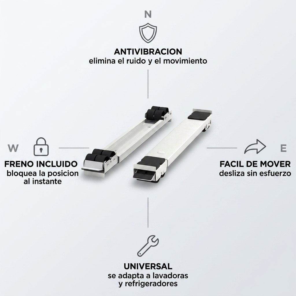 Beneficios: antivibración, fácil de mover, universal, freno incluido