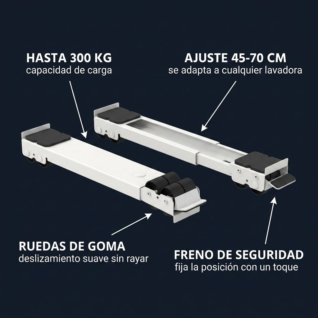 Especificaciones: 300kg, ajuste 45-70cm, ruedas de goma, freno de seguridad