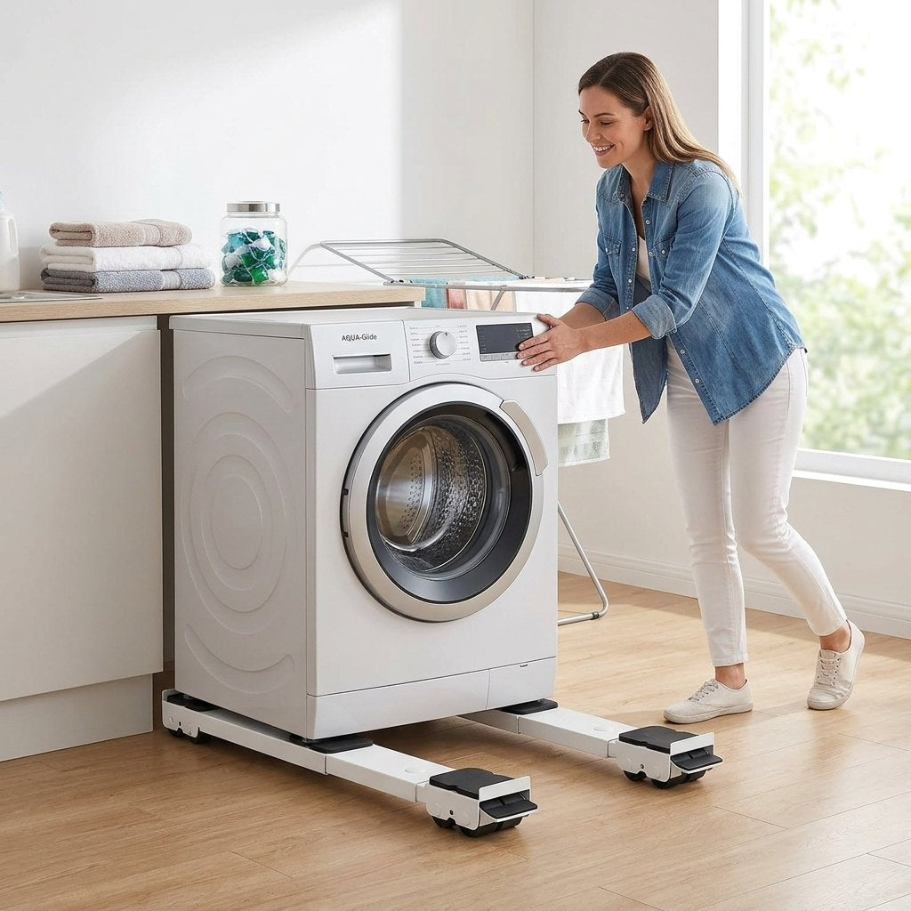 Mujer desplazando lavadora fácilmente con soportes STABILO en lavandería moderna