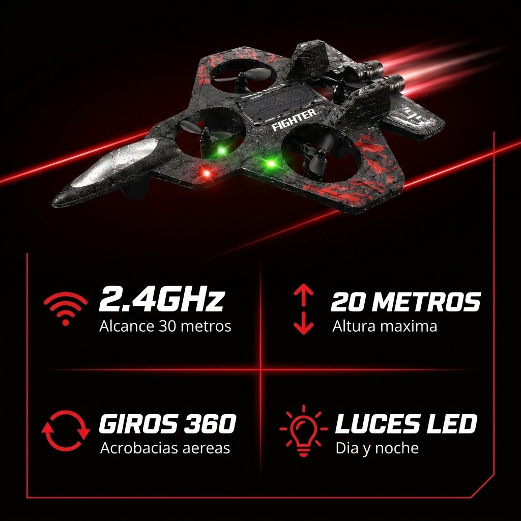 Starfighter especificaciones 2.4GHz 30 metros alcance 20 metros altura 3 velocidades LED