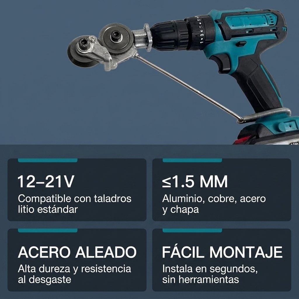 Especificaciones: compatible 12-21V, acero aleado, corte hasta 1.5mm, fácil instalación
