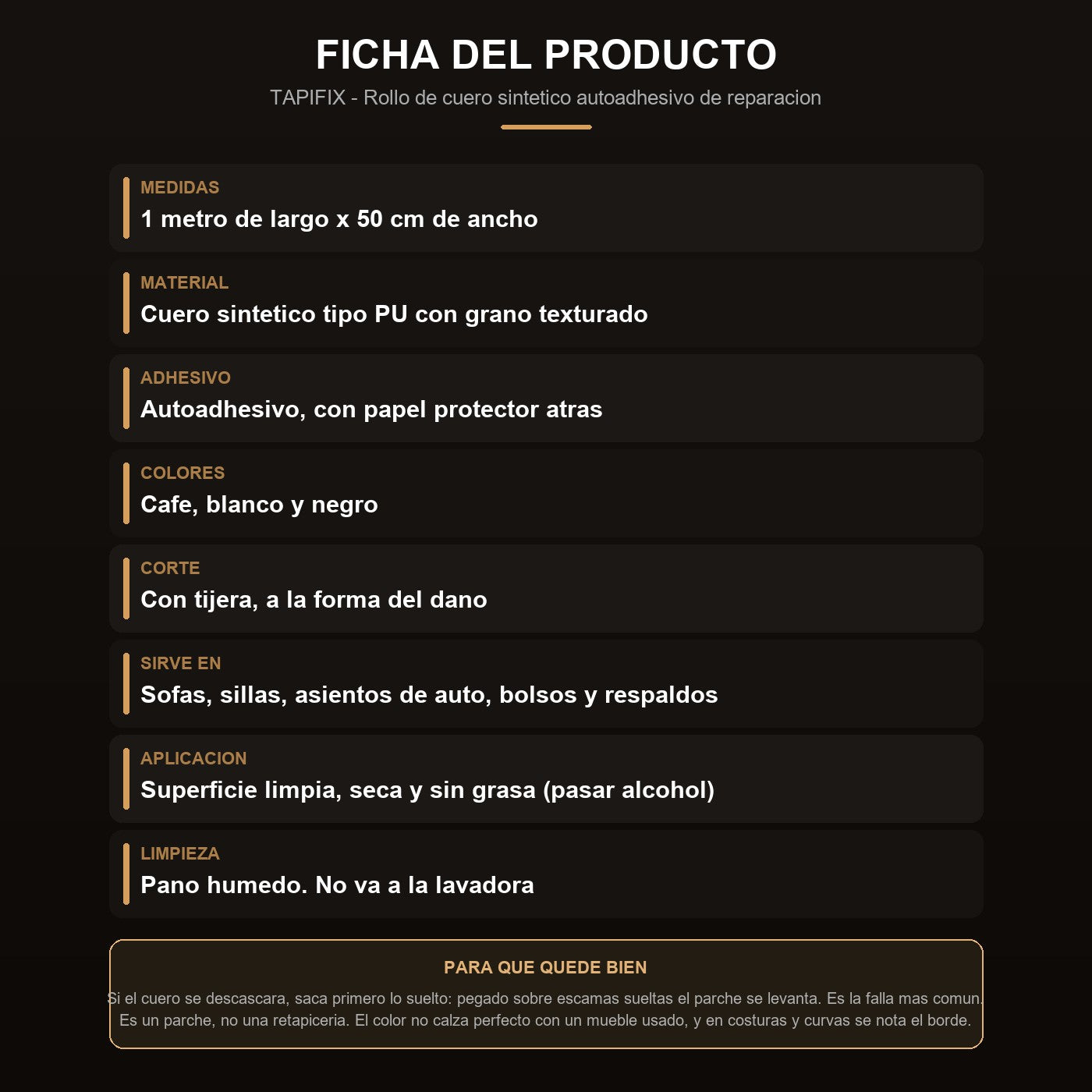 Ficha: medidas, material, como se aplica y limites