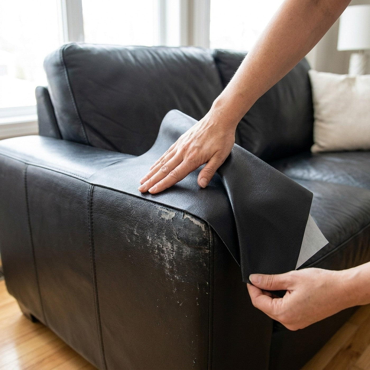 Tapando una pelada en el apoyabrazos de un sofa