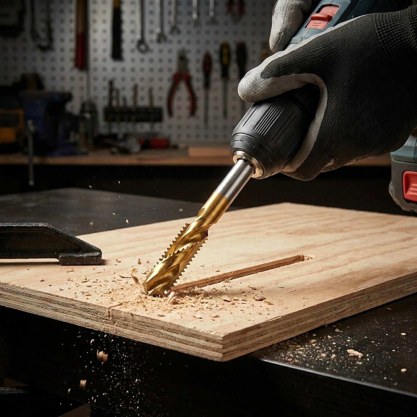 Cortando de lado una ranura en madera terciada