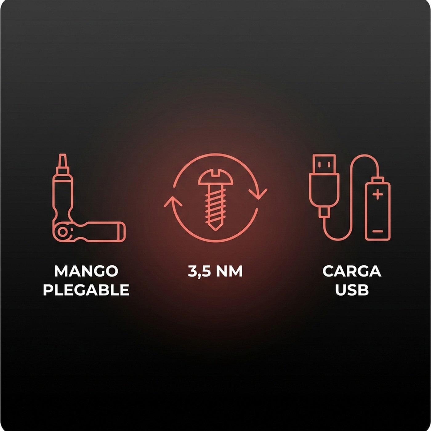 Mango plegable, 3,5 Nm y carga por USB