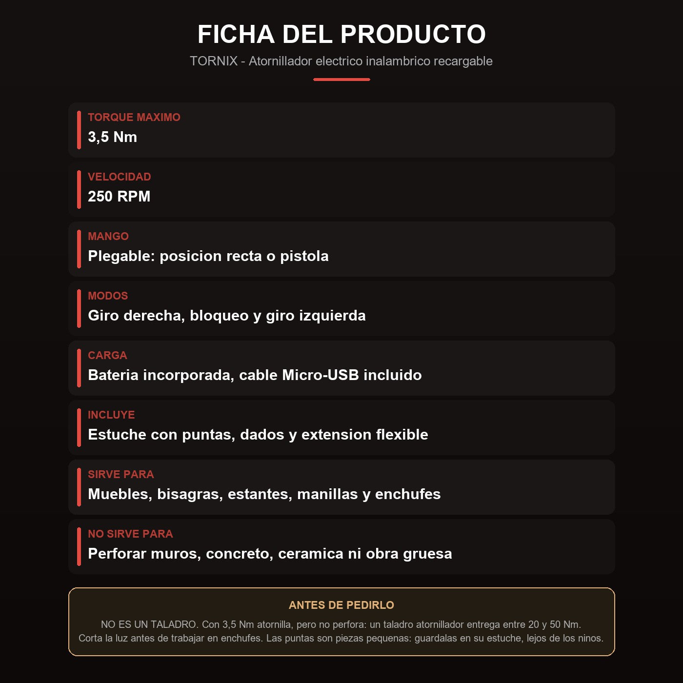 Ficha: torque, velocidad, carga y para que NO sirve