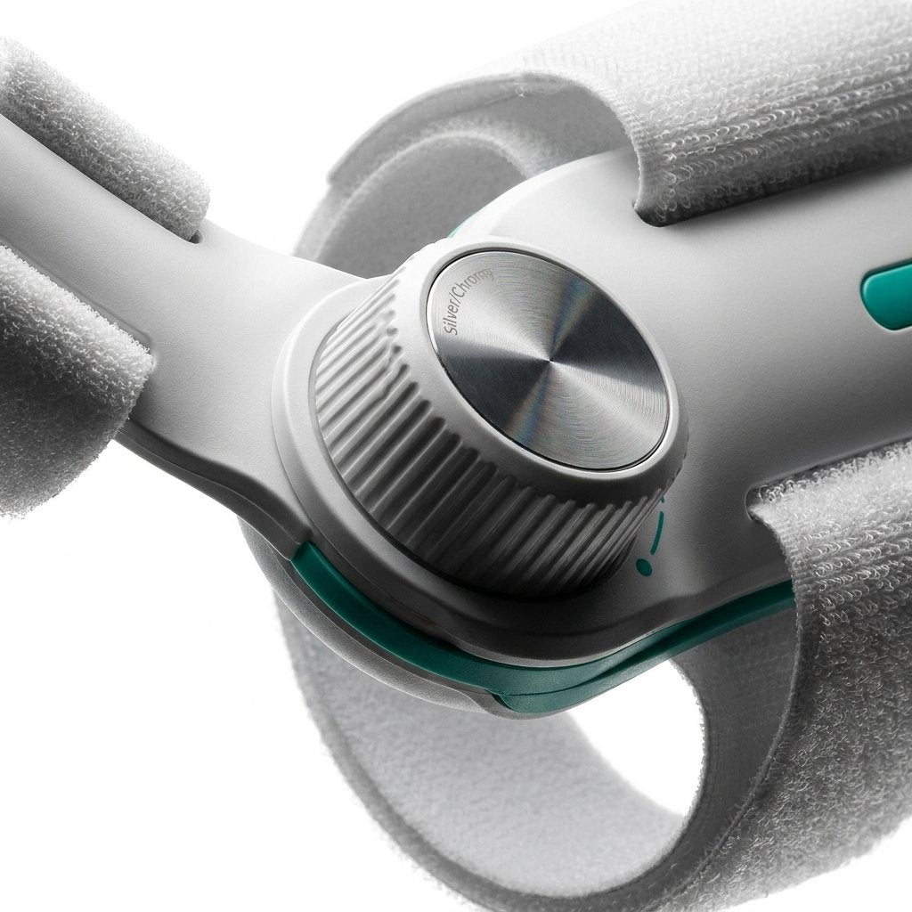 Macro del corrector Turn Flex — dial plateado, cuerpo blanco y aro teal