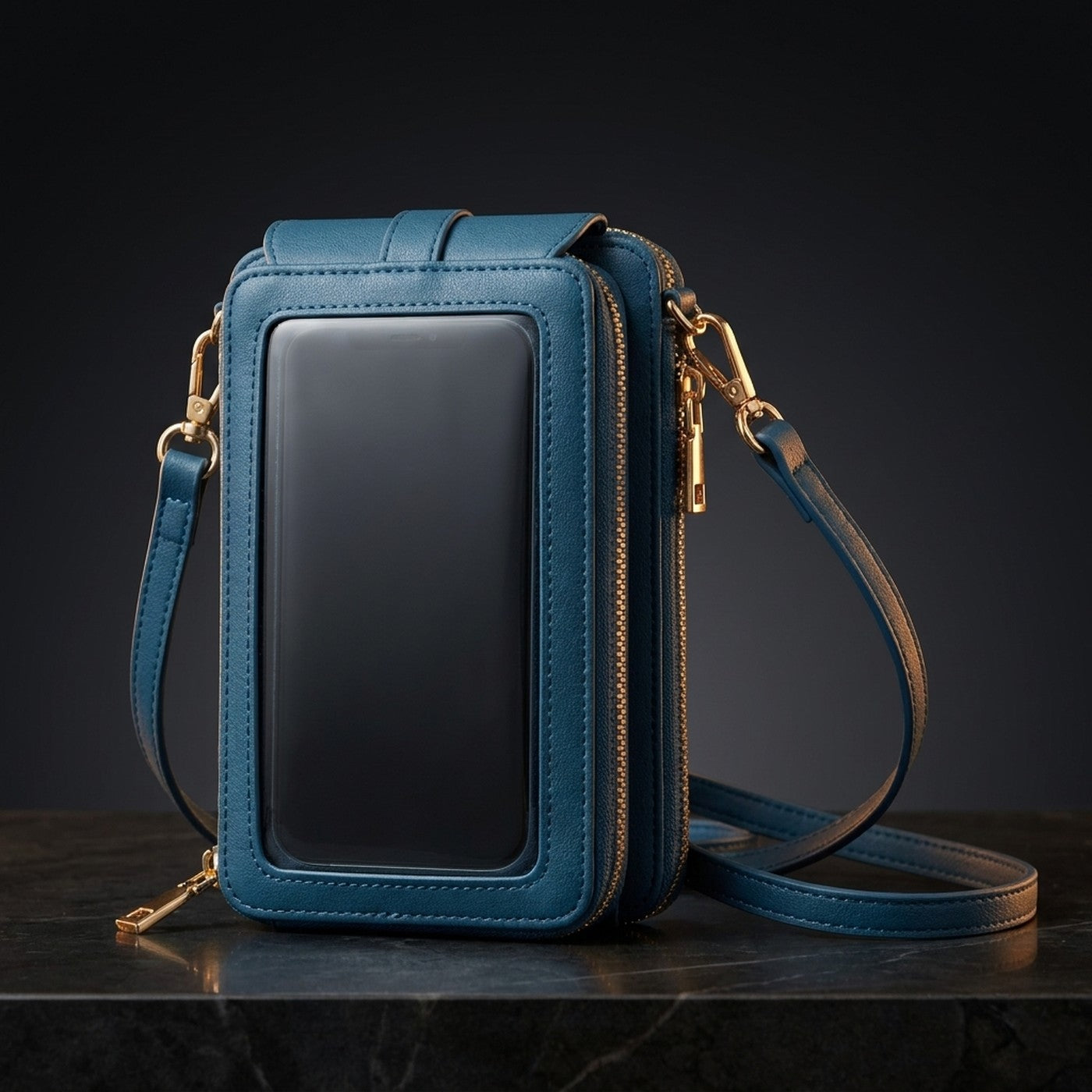 Cartera bandolera para telefono con ventana tactil, color azul