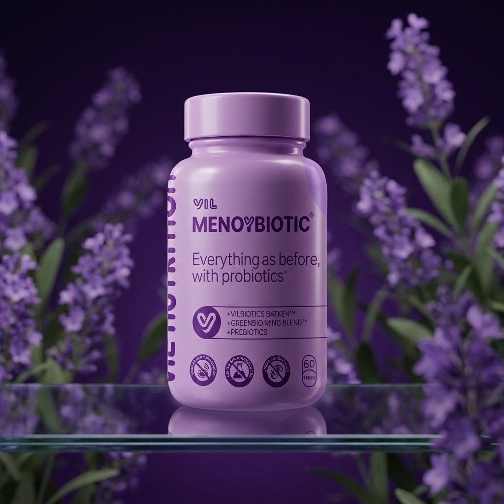 VIL MenoYBiotic frasco 60 cápsulas veganas para menopausia fondo lavanda