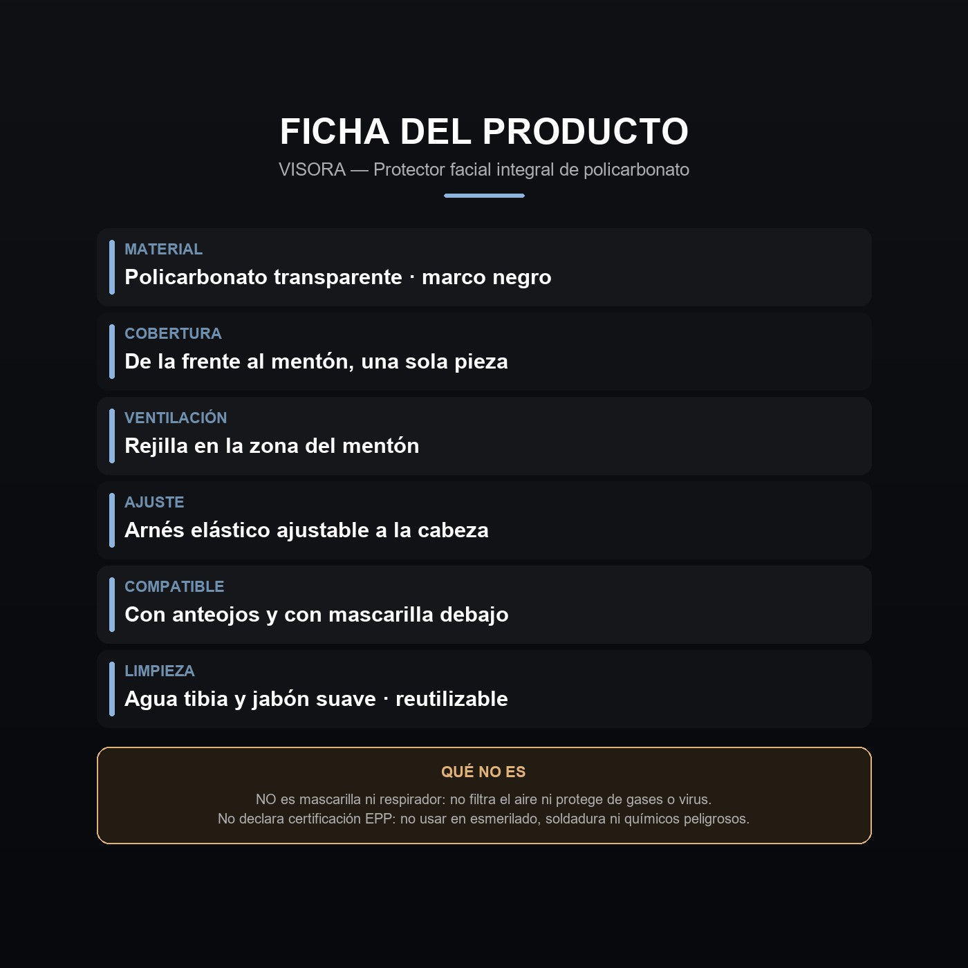 Ficha: policarbonato, ventilacion, arnes y limpieza