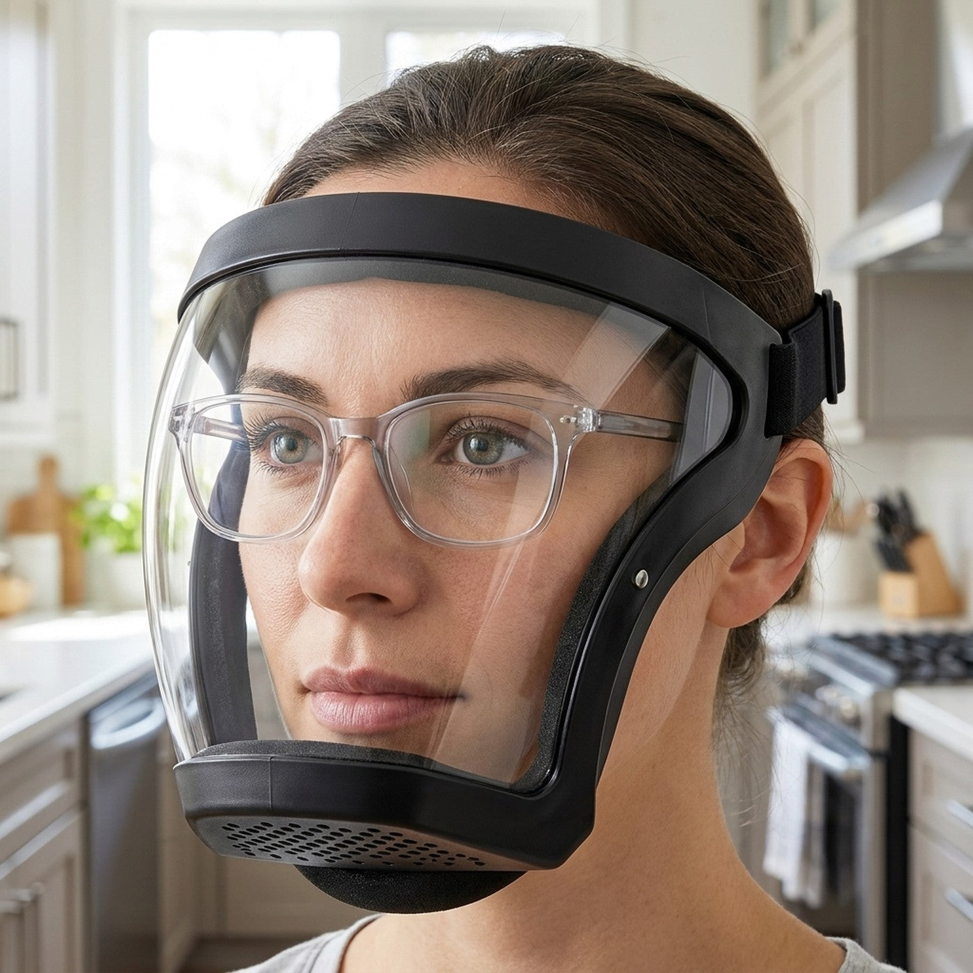 El protector deja espacio para usar anteojos debajo