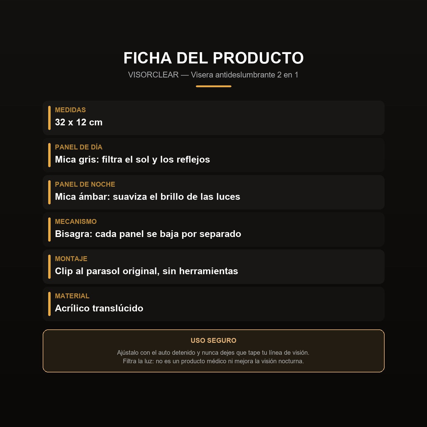 Ficha de la visera: 32 x 12 cm, dos paneles, clip universal
