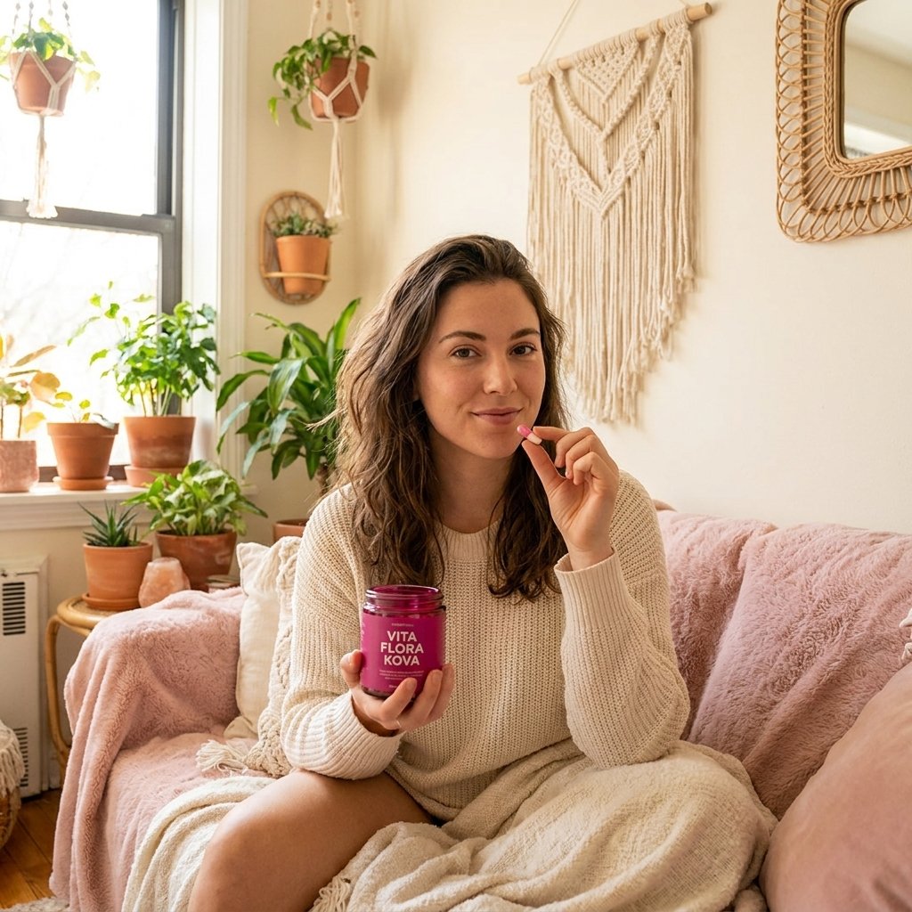 Mujer tomando Vita Flora rutina diaria bienestar íntimo confianza tranquilidad